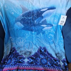 XL Orca And Bohemian Pattern Print Women's Short Sleeve Top With Glitter